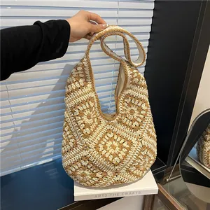 Handmade Crochet Tote Bag Vintage Mandala Flower Pattern Knit Shoulder Bag Large Capacity Bohemian Hobo Bag For Women Daily Vacation