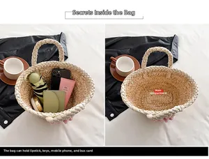 Detail view of woven straw tote interior showing capacity for umbrella and essentials