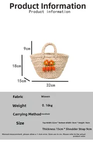 Detailed size chart for straw tote bag showing dimensions and floral weave material