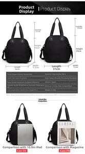 Detailed size comparison guide for black tote bag showing small and large dimensions