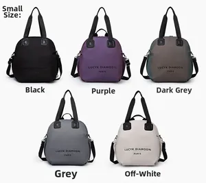 Collection of small casual nylon bags in five colors with front brand lettering