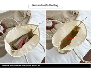 Vue intérieure du grand sac cabas en paille montrant le compartiment principal et le cordon
