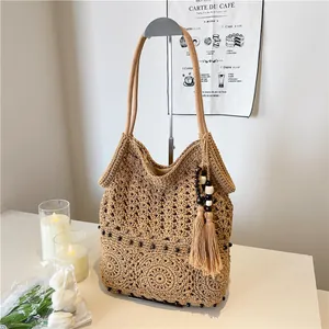 Women Handmade Crochet Woven Tote Bag Bohemian Hollow Floral Straw Shoulder Bag With Tassels Wood Beads Beach Vacation Bag