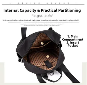 Detail view of large capacity interior with striped lining and functional compartments