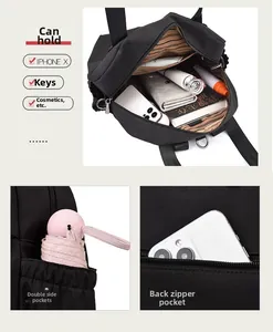Detail view of large capacity nylon bag with multiple storage pockets and inner lining