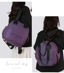 Fashionable purple multipurpose backpack with logo text shown on female model in two views