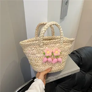 Women Hand-Woven Straw Handbag With Crochet Flower Carrot Decor Pastoral Style Summer Beach Basket Bag For Casual Vacation