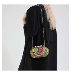 Close-up of rainbow snakeskin handbag featuring a gold bow clasp and metal chain strap