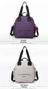 Dual view of purple and beige versatile crossbody backpacks with branded lettering