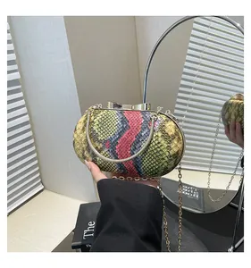 Macro view of colorful snakeskin pattern clutch with gold bow-shaped clasp and chain
