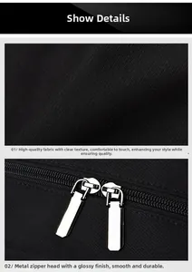 Detail view of premium black twill fabric and durable dual-way metallic zippers