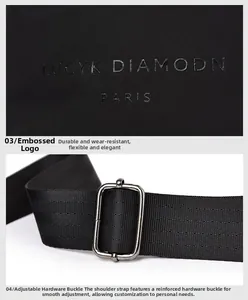 Detail of brand logo on black bag with adjustable silver metal buckle on strap