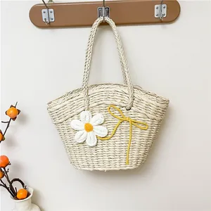 Sac Fourre-tout en Paille Tissé Pastoral Femme Marguerite Floral Nœud Été Plage Vacances Grande Capacité Sac à Main en Paille