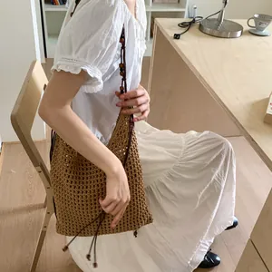 Bohemian brown hand-woven crochet tote bag with wooden beads strap for summer beach