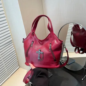Women's Gothic PU Leather Tote Bag With Cross Pendant Litchi Texture Biker Style Large Capacity Shoulder Crossbody Bag