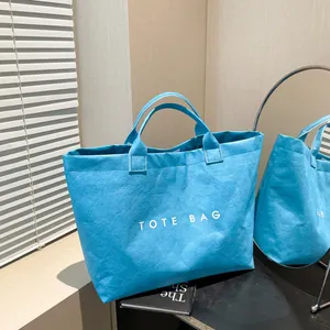 Women Fashion Letter Print Tote Bag Large Capacity Retro DuPont Paper Texture Handbag Casual PU Soft Square Shopping Bag
