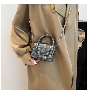Close-up of mini gothic crossbody bag featuring metallic spider embossed texture and chain
