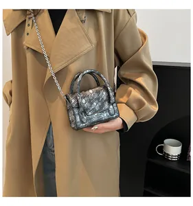 Mini silver crossbody bag with spider pattern detail and metal chain strap style