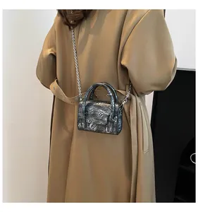 Model wearing silver punk crossbody bag with skull print and sleek metal chain strap