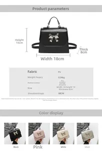 Detailed size chart and multi-color view of mini flap handbag with metal bow accessory