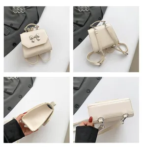 Detailed views of a cream mini backpack with a silver metal bow and adjustable straps