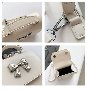 Detailed four-way view of creamy white crossbody bag with silver bow and magnetic closure