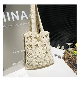 Close-up of cream crochet tote bag featuring hollow floral patterns and soft cotton textures