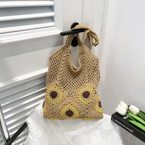 Women Handmade Crochet Sunflower Tote Bag Hollow Straw Woven Shoulder Bag Summer Beach Vacation Handbag With Tulip Pendant