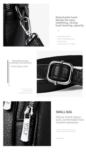 Detail of silver hardware on black litchi leather bag featuring adjustable buckles and zipper
