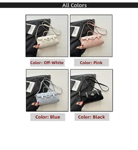 Collage of four minimalist leather shoulder bags in off-white, pink, blue, and black colors