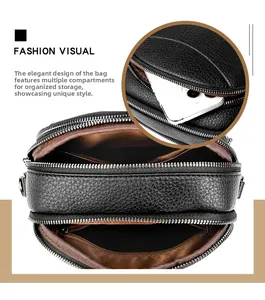 Detail view of the black multi-compartment bag showing phone storage and triple zippers