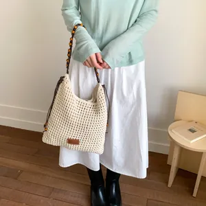 Women's woven shoulder bag with bohemian wooden beads and large capacity for summer