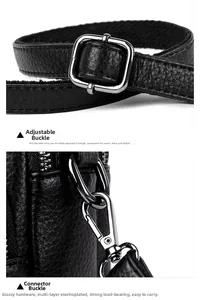 Detail of black litchi grain leather strap with silver adjustable metal buckle and hook