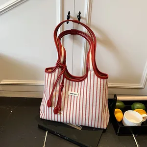 Women Fashion Striped Canvas Tote Bag Large Capacity Shoulder Bag With PU Leather Trim And Tassel For Commute Travel Office