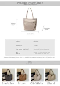 Canvas tote bag size guide and material details with dimensions and color options