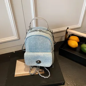 Women Fashion Denim Mini Backpack Purse With Silver Chain Strap Washed Casual Jean Handbag Small Crossbody Bag For Travel Daily