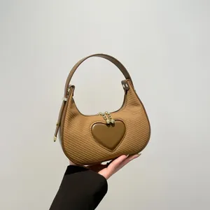 Damen Mode Herz Patch Halbmond Unterarmtasche Webstruktur PU Leder Schultertasche 2025 Trendige Hobo Handtasche