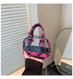 Detail einer transparenten PVC-Kuppeltasche mit rosa Schlangenlederbesatz und Metallkette