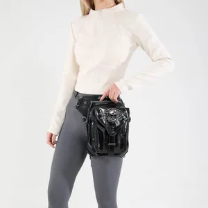 Sacoche de jambe punk noire style gothique avec crâne en métal pour moto et extérieur