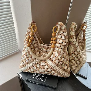 Handmade Crocheted Straw Woven Tote Bag For Women Bohemian Hollow Out Geometric Pattern Shoulder Bag With Wood Bead Handle Summer Beach Vacation Underarm Bag
