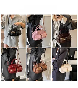 Collage of multi-pocket vintage boston bags in six colors shown with models