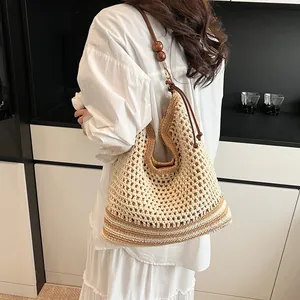 Bohemian woven tote bag with wooden beads for summer beach vacations and daily use