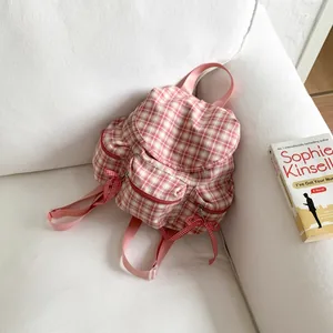 Sac à Dos en Toile à Carreaux Style Coréen pour Femmes Grande Capacité Sac d'École Décoration Nœud Mode Casual