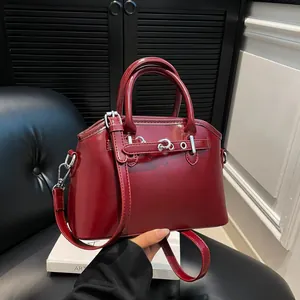 Women Fashion Glossy PU Leather Shell Bag Large Capacity Crossbody Shoulder Handbag With Silver Hardware Simple Daily Bag