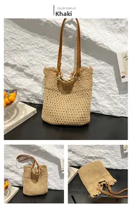 Close-up of khaki woven tote bag showing leather handles and textured knit pattern