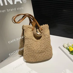 Women Hand Woven Crochet Tote Bag Forest Pastoral Hollow Floral Beach Shoulder Bag With PU Leather Straps Summer Vacation Bag