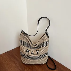 Borsa Tote in Raffia Intrecciata a Grande Capacità da Donna Con Tracolla in Pelle PU Stampa Lettere a Righe Borsa a Spalla in Paglia