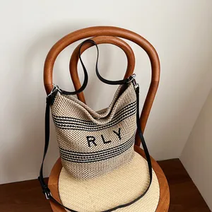 Borsa tote estiva in rafia con stampa RLY e manici in pelle nera di alta qualità