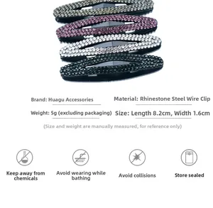 Macro detail of rhinestone hair clips in four colors with 8.2cm size specifications