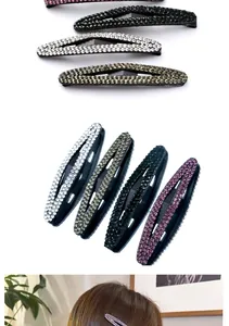 Detailed macro view of oval rhinestone-encrusted BB hair clips in various colors
